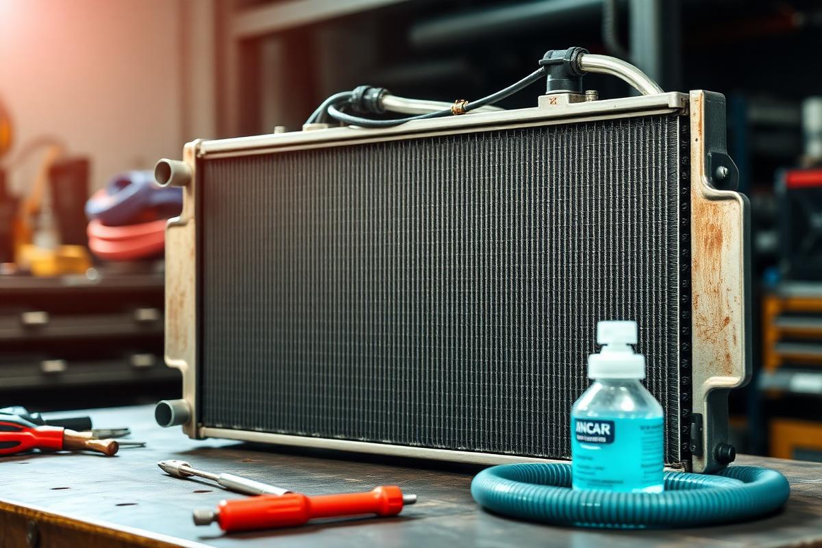 Radiator core, coolant hose and hand tools laid out on the shop bench
